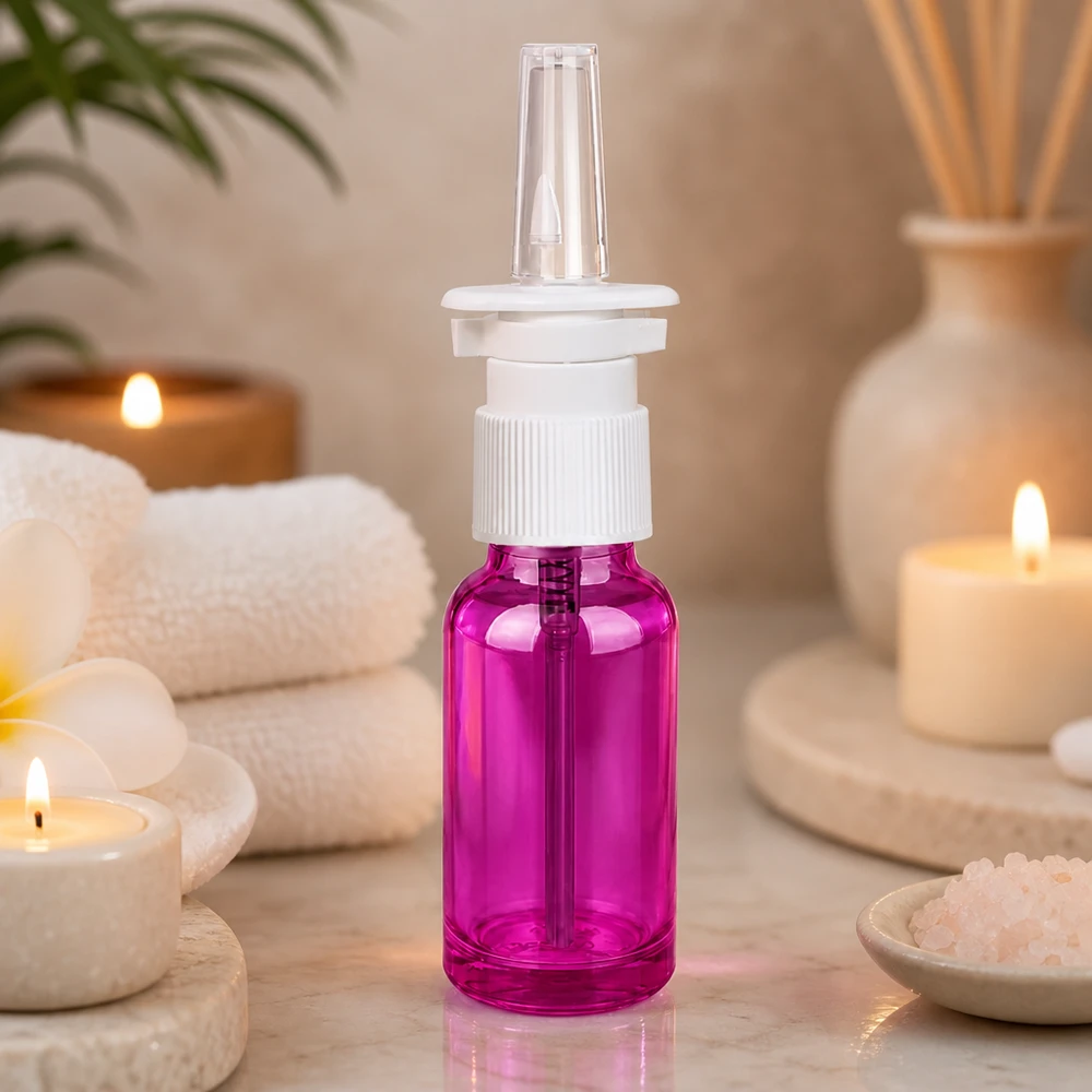 20ml Nasensprayflasche weiß/transparent Standard PurpleLine. UT18/20 Violette 20ml Nasensprayflasche mit präzisem Sprühmechanismus für therapeutische Anwendungen