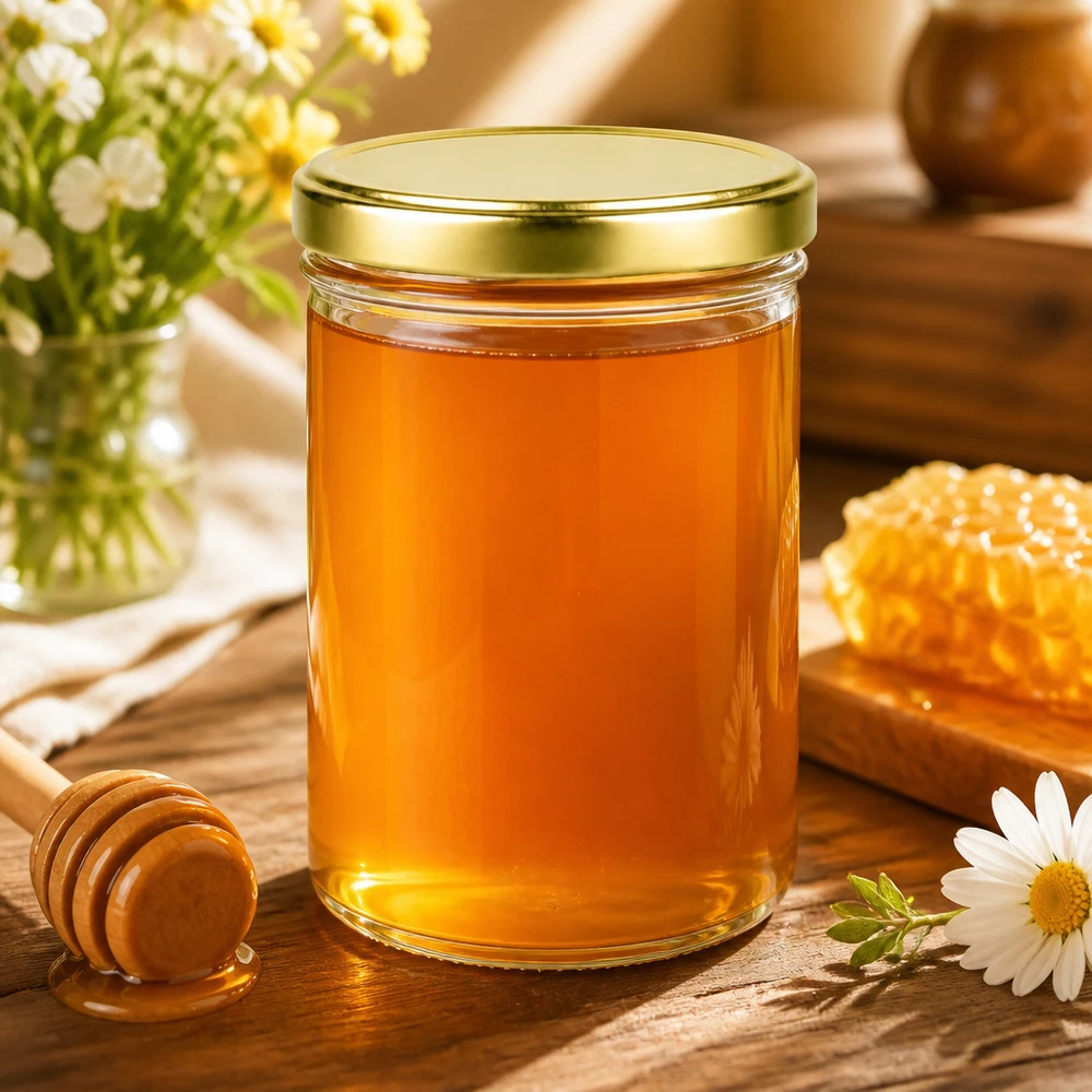 435ml Sturzglas mit BasicSeal Deckel gold UNiTWIST 435ml Sturzglas mit goldenem Deckel gefüllt mit Honig - perfekt für natürliche Lebensmittel und Marmelade