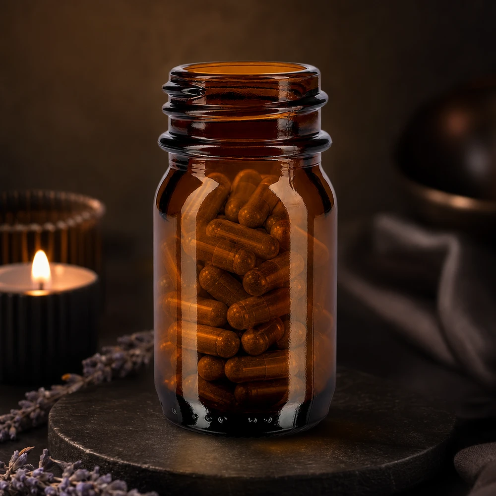 Kleine Weithalsflasche 30ml in elegantem Braunglas für natürliche Supplements
