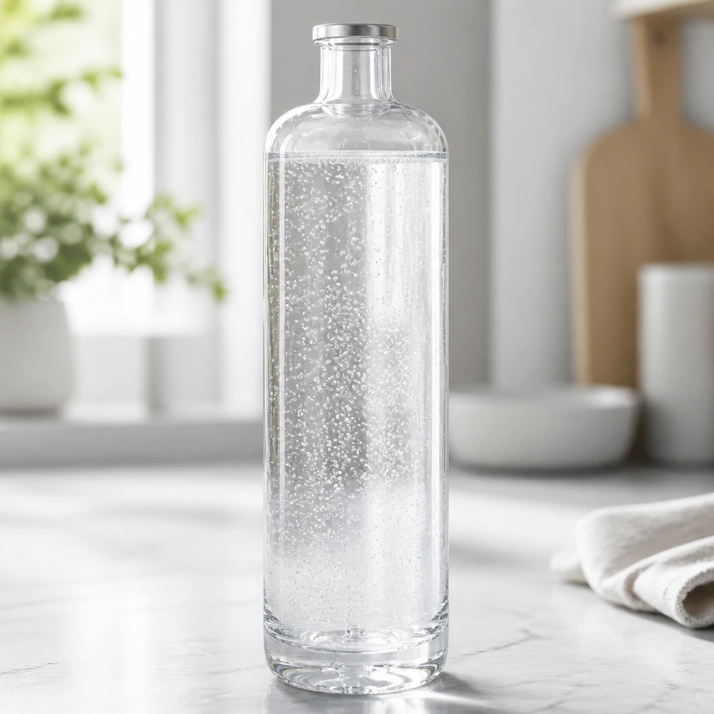 700ml Glasflasche "Eleganz" ohne Verschluss UNiTWIST® 700ml Glasflasche Ella mit sprudelndem Mineralwasser gefüllt auf heller Küchenarbeitsplatte in modernem Ambiente