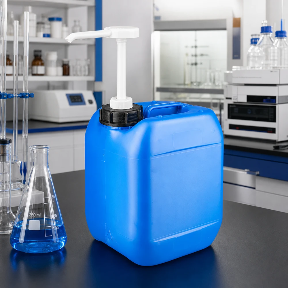 Kanister 5 Liter blau mit Dosierpumpe Blauer HDPE Kanister 5 Liter mit schwarzem Schraubverschluss und Pumpspender auf Labortisch