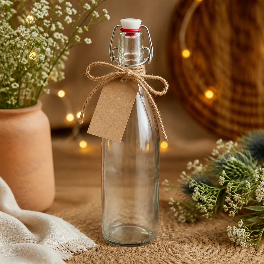 500ml Glasflasche und Bügelverschluss Porzellan UNiTWIST Glasflasche 500ml Bügelverschluss Porzellan als Geschenk mit Kraftpapier-Anhänger und Juteschnur dekoriert