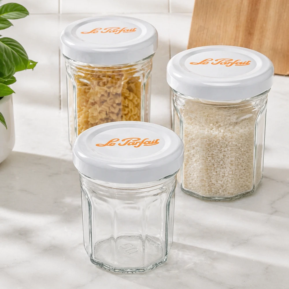 Le Parfait Mini-Sturzgläser 44ml Set mit weißen Deckeln - eines leer, zwei gefüllt mit Reis und Nudeln