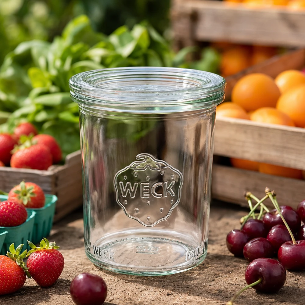 160ml Sturzglas mit Glasdeckel WECK RR60 WECK Sturzglas RR60 160ml leer auf Holztisch mit frischen Kirschen, Erdbeeren und Orangen für Einmachen