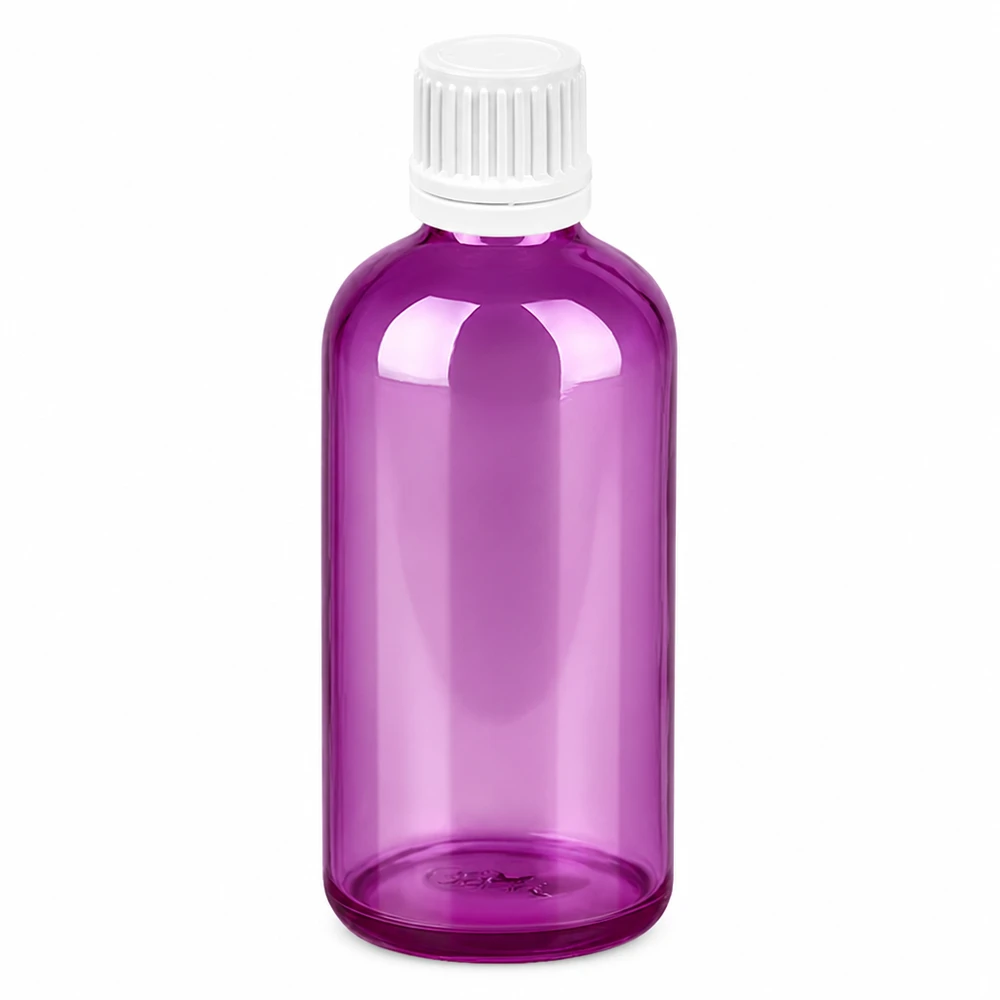 100ml Flasche 11mm Schraubverschluss weiss Originalität Schraubverschlusserschluss PurpleLine UT18/100 Runde 100ml Flasche aus violettem Glas mit 11mm Gewinde und weissem Originalitätsverschluss
