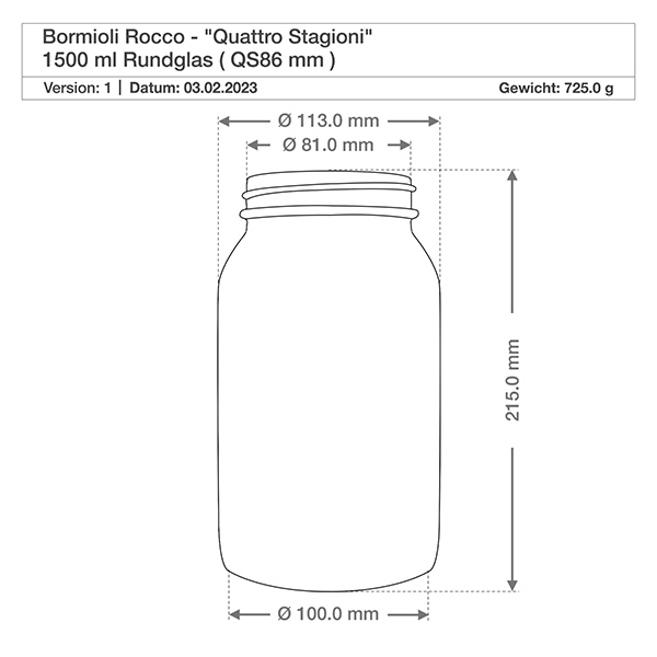 2000ml Rundglas "Quattro Stagioni" mit Deckel Technische Zeichnung Bormioli Rocco Quattro Stagioni 1500ml Rundglas - Maße und Spezifikationen für Einmachglas