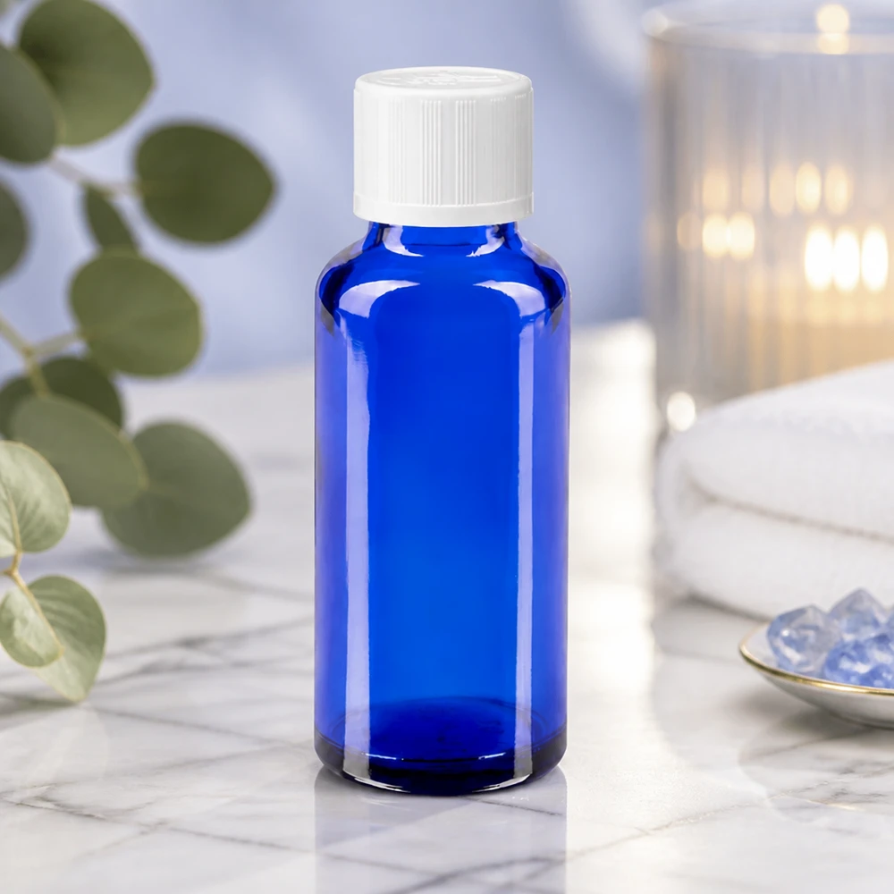 Apothekenflasche blau 30ml Tropfverschluss weiß Kindersicherung Standard Kobaltblaue Tropfflasche 30ml aus UV-Schutzglas mit kindersicherem Weißdeckel für ätherische Öle