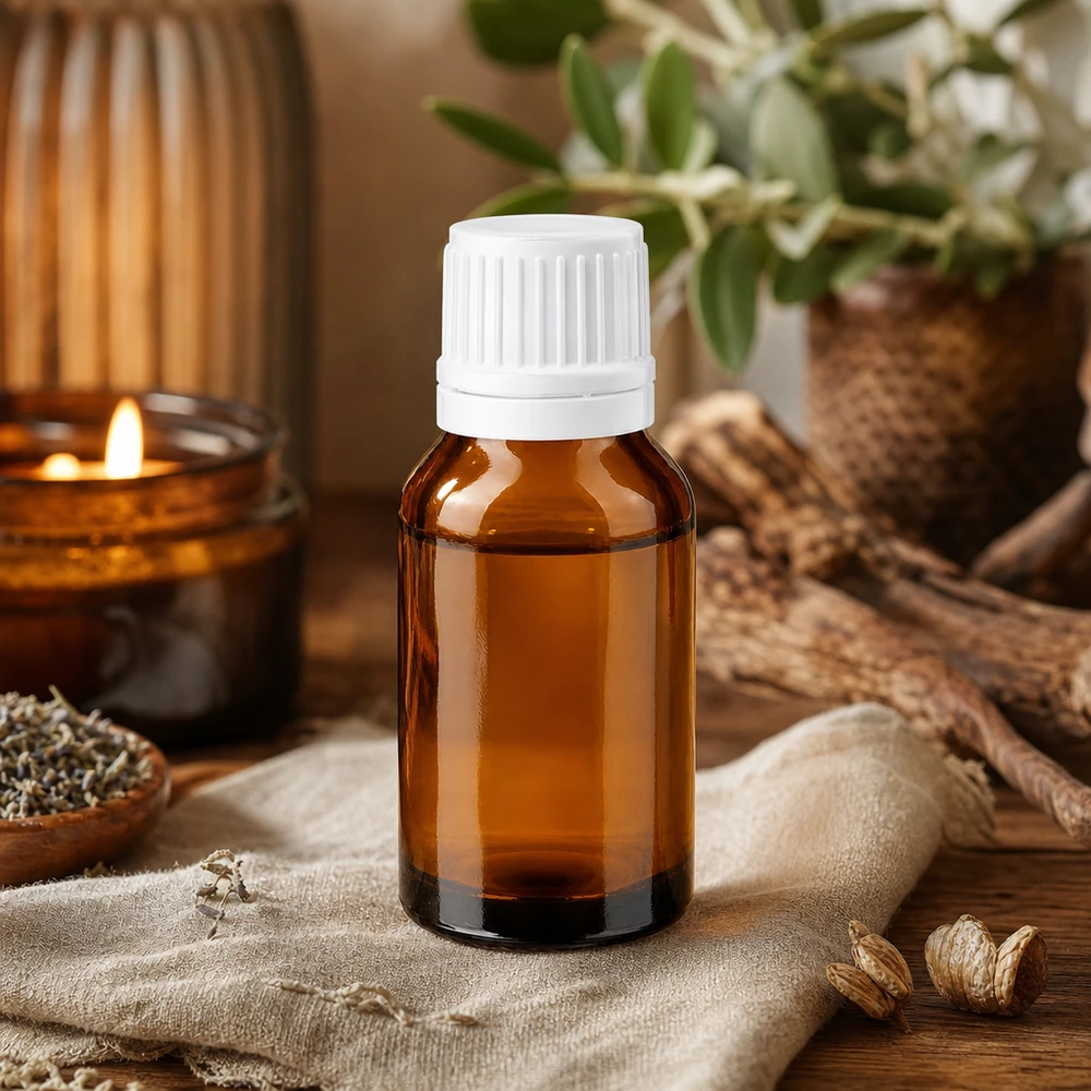 Apothekenflasche braun 30ml Schraubverschluss weiß Originalitätsverschluss Zylindrische 30ml Braunglasflasche mit weißem Schraubdeckel neben Naturmaterialien