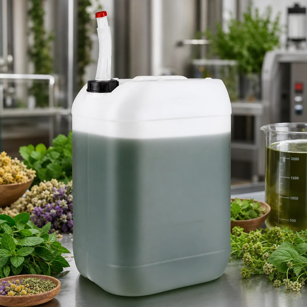 Großvolumiger Kunststoffkanister 25 Liter mit Flex-Ausgießer für Kräuterextrakte und Naturprodukte