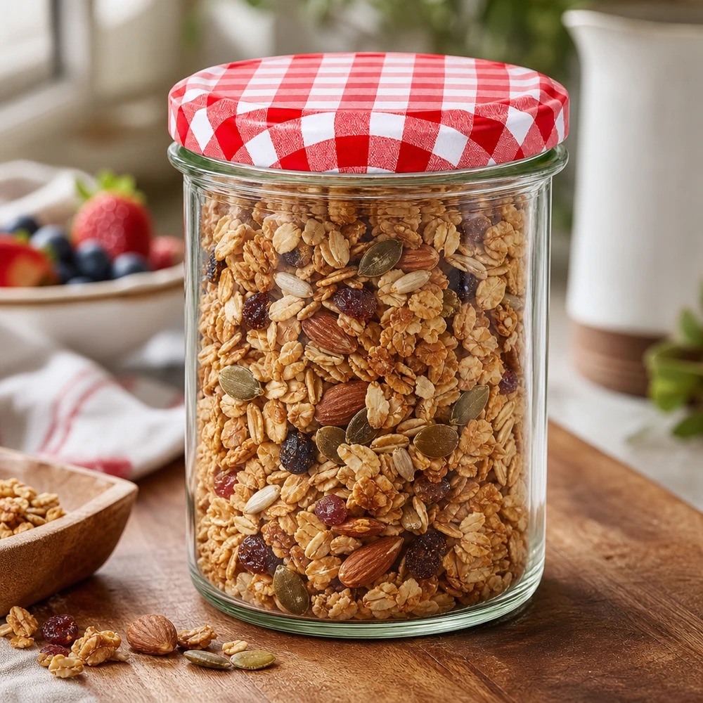 350ml Sturzglas + BasicSeal Deckel rot/weiß UNiTWIST Sturzglas 350ml mit Müsli gefüllt zeigt vielseitige Verwendung als Vorratsglas für Nüsse, Granola und Trockenfrüchte