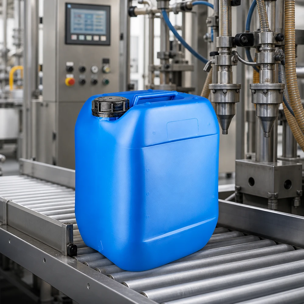 Rechteckiger 10 Liter Kanister blau mit integriertem Tragegriff und OV Verschluss