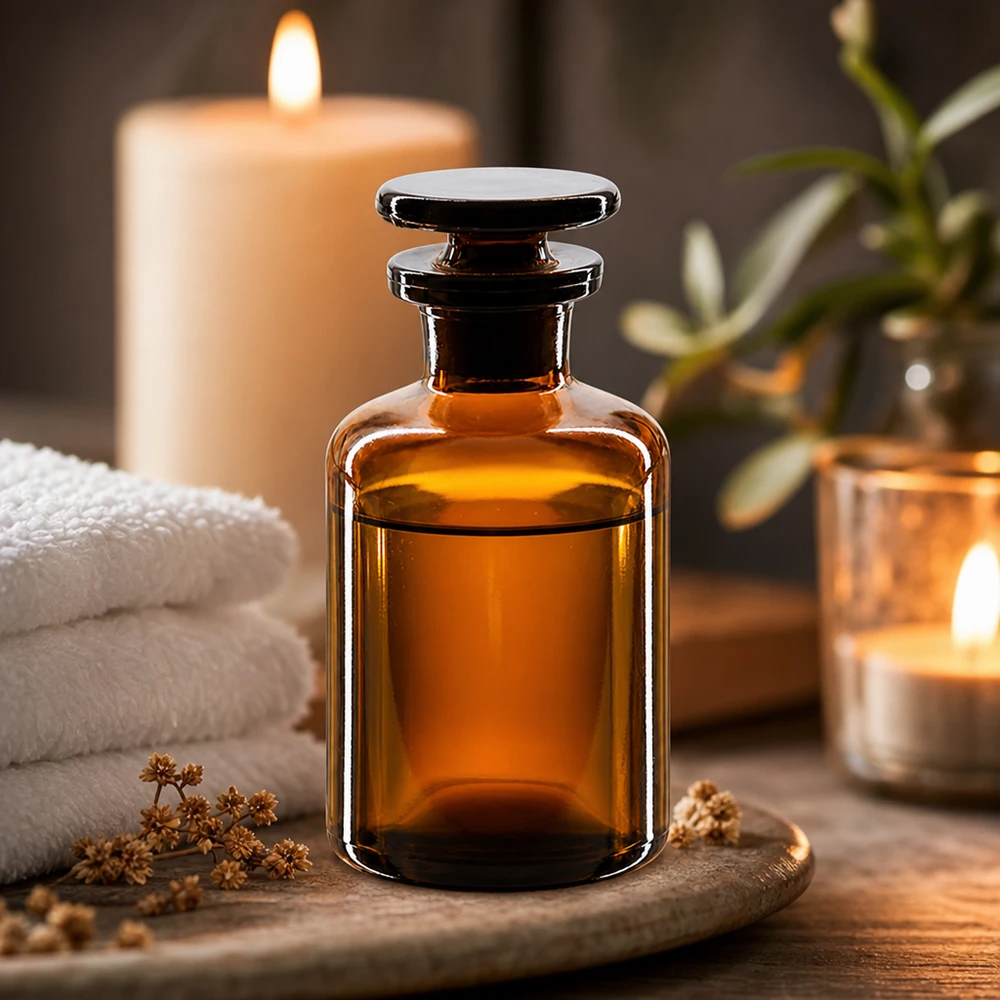Dekorative Braunglasflasche 50ml mit Glasstopfen Rundschulter für Spa und Wellness