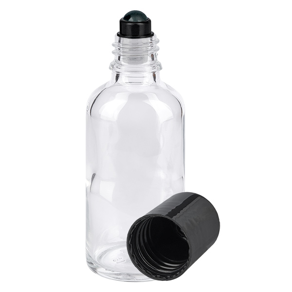 Apothekenflasche klar 50ml Roll-On Verschluss schwarz Apothekenflasche klar 50ml Roll-On Verschluss schwarz