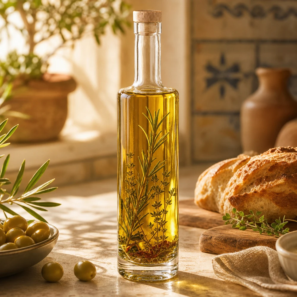 500ml Glasflasche "Lina" mit Holzgriff-Korken UNiTWIST 500ml Glasflasche Lina mit Holzkorken gefüllt mit Kräuteröl Rosmarin Thymian neben Oliven und Brot mediterrane Küche