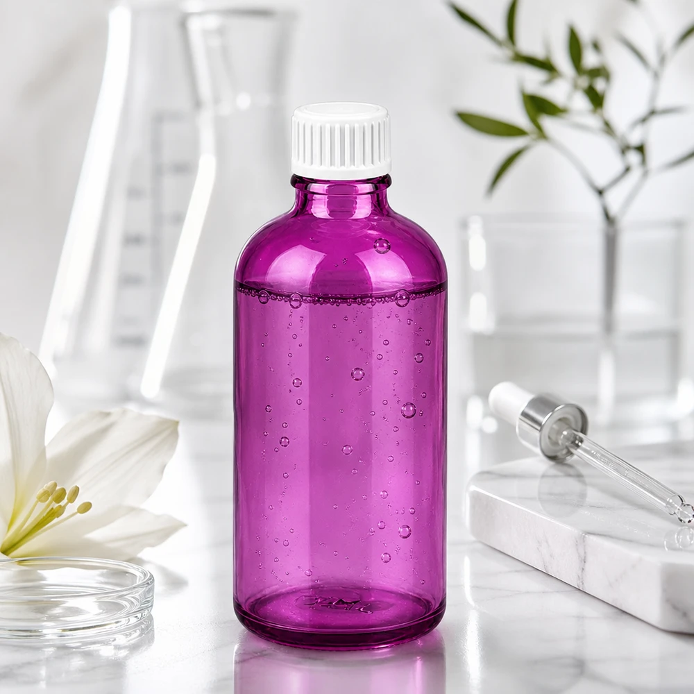 100ml (Globuli)Flasche 3mm Giessring weiß Standard PurpleLine. UT18/100 Purple Glasflasche mit 100ml Fassungsvermögen und kindersicherem Verschlusssystem