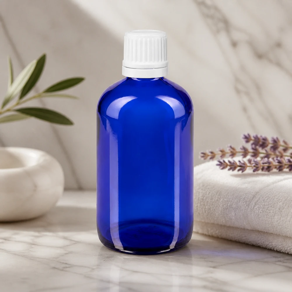 Apothekenflasche blau 100ml Tropfverschluss 1.2mm weiß Originalitätsverschluss Kobaltblaue Glasflasche 100ml mit kindersicherem Schraubverschluss für ätherische Öle