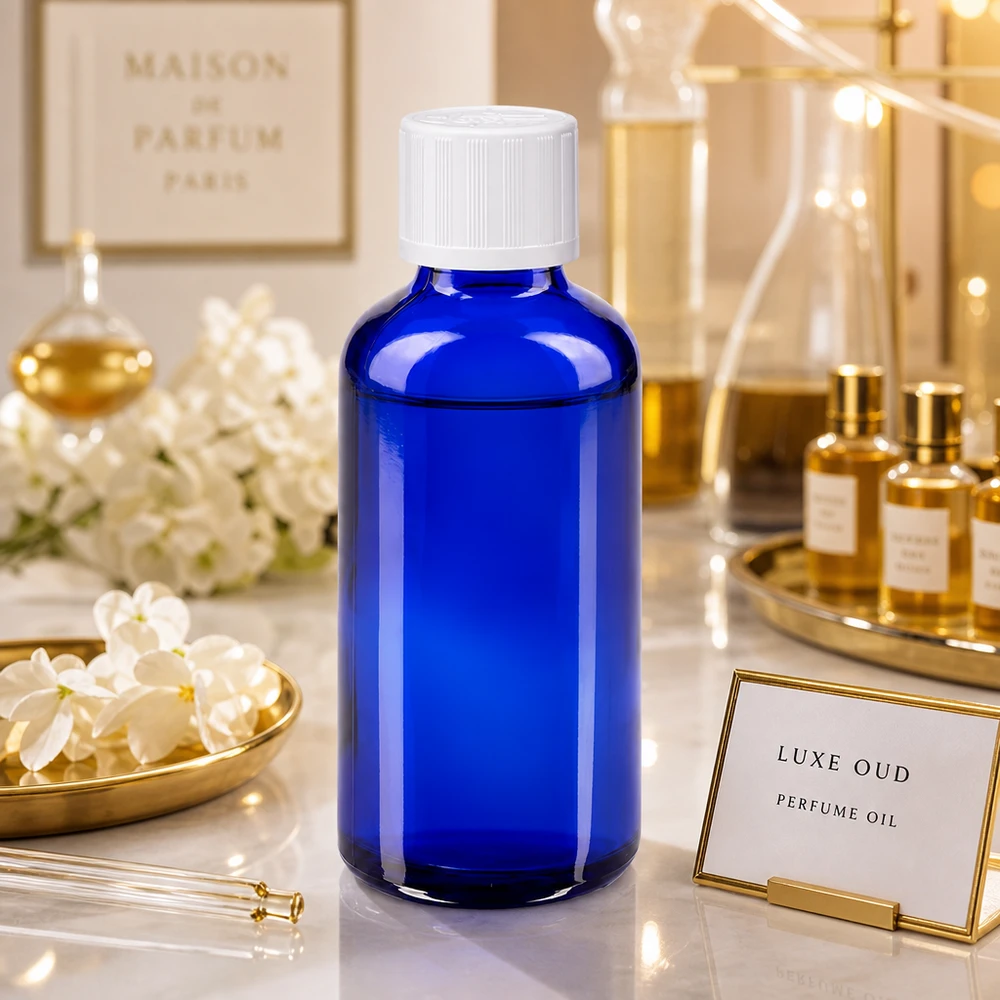 Apothekenflasche blau 50ml Schraubverschluss weiß Kindersicherung Standard Kobaltblaue Glasflasche 50ml mit weißem Sicherheitsdeckel in eleganter Parfümerie-Umgebung
