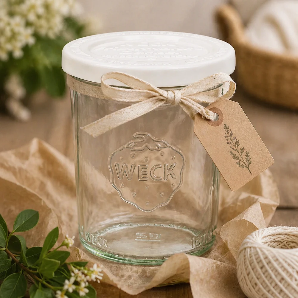 160ml Sturzglas mit Frischedeckel WECK RR60 WECK Sturzglas 160ml RR60 dekorativ arrangiert mit Bastband, Geschenkanhänger und natürlicher Deko im Landhaus-Stil