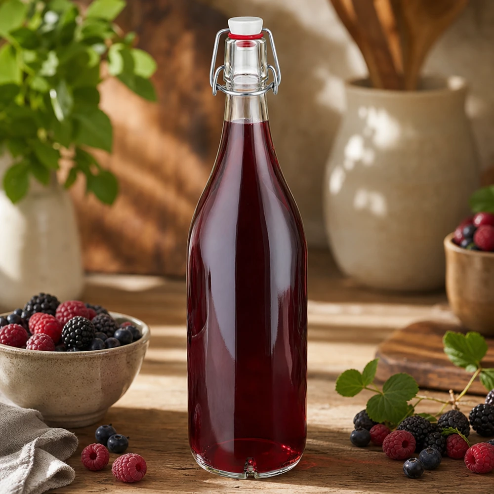 1000ml Glasflasche mit Bügelverschluss gefüllt mit rotem Beerensaft in rustikaler Küche mit frischen Beeren