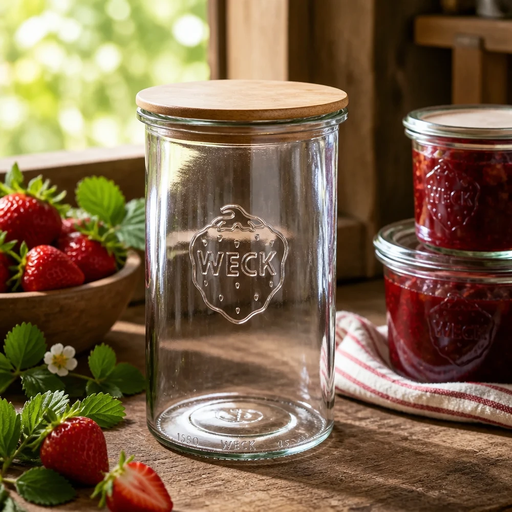 WECK Vorratsglas 1000ml mit Holzdeckel in rustikaler Küche neben selbstgemachter Erdbeermarmelade und frischen Erdbeeren