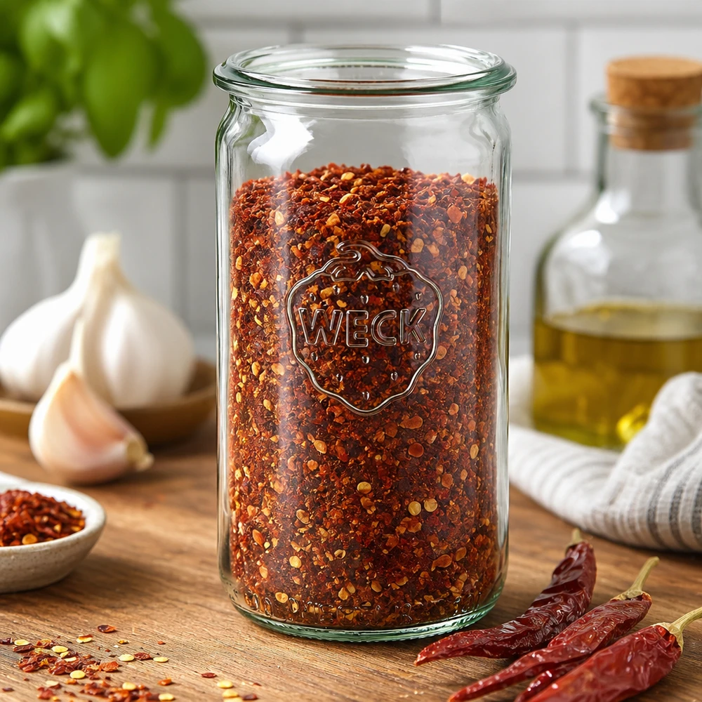 340ml Zylinderglas WECK RR60 WECK Zylinderglas 340ml RR60 mit Chilliflocken befüllt auf Holztisch mit Knoblauch und getrockneten Chilis