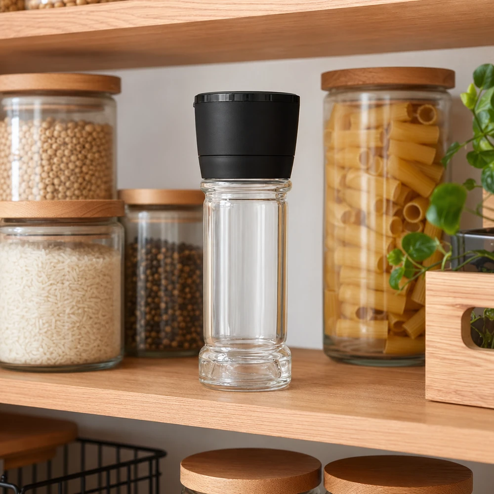 Salz-/Gewürzglas 100ml mit Mühle Vario schwarz Kleines Salzglas 100ml mit integrierter Mühle in modernem Vorratsregal mit Holzoptik