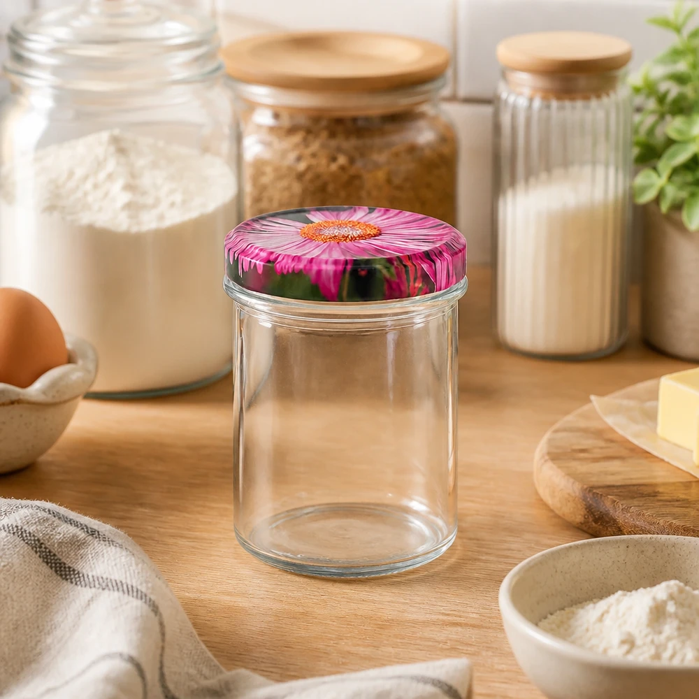 350ml Sturzglas + BasicSeal Deckel Blüten-Dekor UN Leeres 350ml Sturzglas mit BasicSeal Gerbera-Deckel in natürlichem Küchenambiente zwischen Vorratscontainern