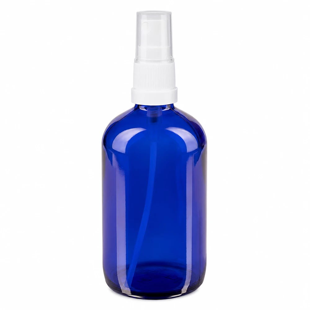 Kobaltblaue 100ml Sprayflasche STD aus hochwertigem ApoGlas mit transparentem weißem Pumpzerstäuber