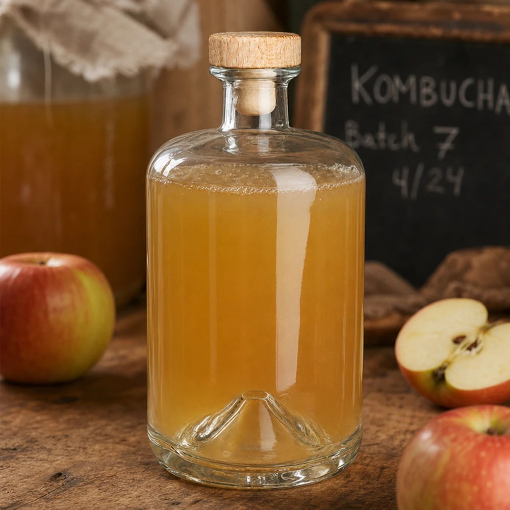 700ml Apothekenflasche "Classic" mit Holzgriffkorken UNiTWIST® 700ml Glasflasche Sofia mit Holzkorken gefüllt mit Apfelsaft neben frischen Äpfeln und Kombucha Tafel