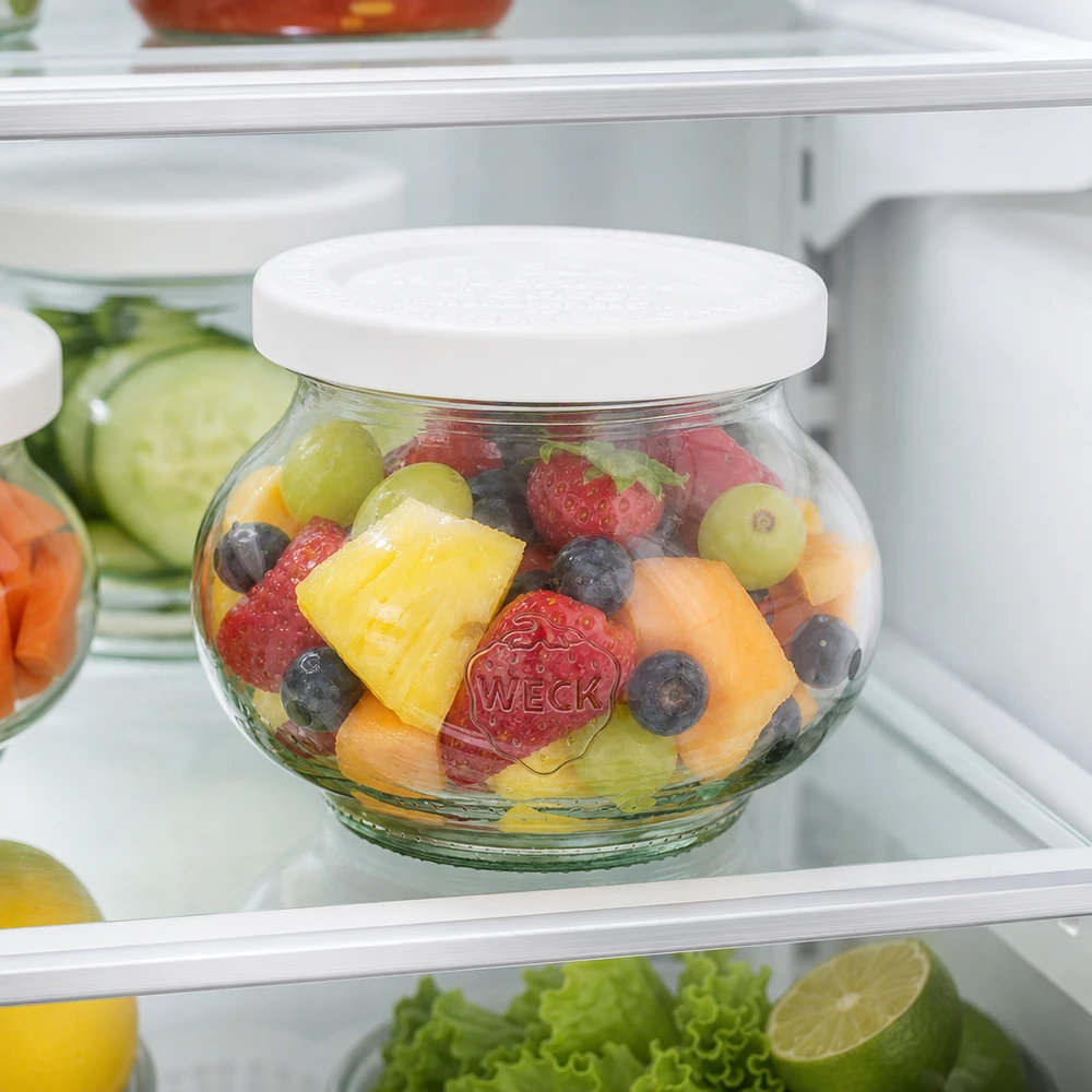 WECK 220ml Schmuckglas mit Frischedeckel im Kühlschrank gefüllt mit frischem Obstsalat - praktische Aufbewahrung