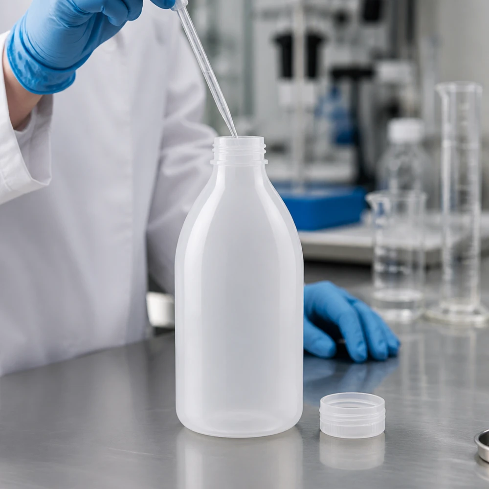 500ml Laborflasche Enghals ohne Verschluss 500ml Enghals Laborflasche aus LDPE naturfarben ohne Kappe neben Messzylindern