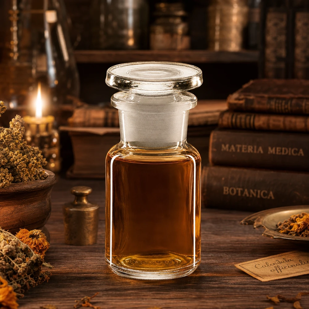 Antike Apothekerflasche 50ml Rundschulter mit Glasstopfen und Calendula officinalis Tinktur