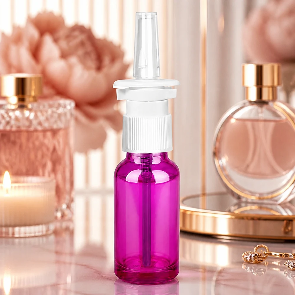20ml Nasensprayflasche weiß/transparent Standard PurpleLine. UT18/20 Violette 20ml Sprayflasche mit UT18/20 Gewinde ideal für Nasenspray-Lösungen