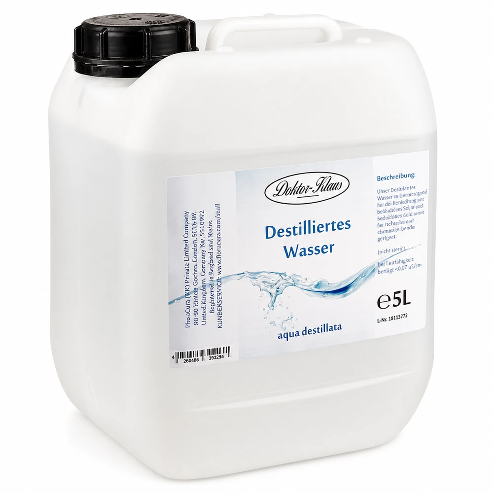 Destilliertes Wasser 5L Doktor-Klaus Weißer 5L Kanister mit destilliertem Wasser Doktor-Klaus und praktischem schwarzem Verschluss