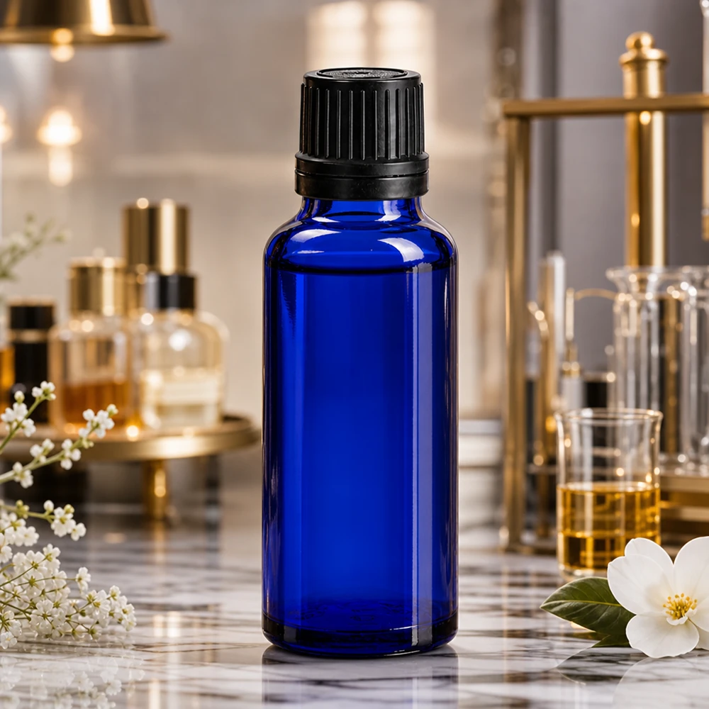 Apothekenflasche blau 30ml Schraubverschluss schwarz Giessring Originalitätsverschluss Blaue Glasflasche 30ml mit 8mm Originalitätsverschluss zwischen Jasminblüten und Parfümflakons