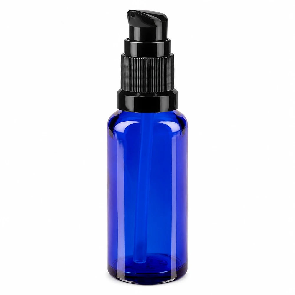 Apothekenflasche blau 30ml PumpVerschluss schwarz Standard Blaue Apothekerflasche 30ml aus Glas mit schwarzem Pumpspender STD