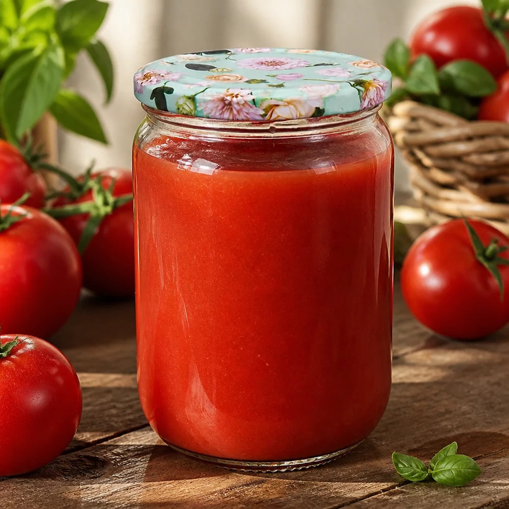 UNiTWIST 555ml Glaskonserve mit Tomatenpassata mintfarbenem Schraubdeckel Blumenmotiv