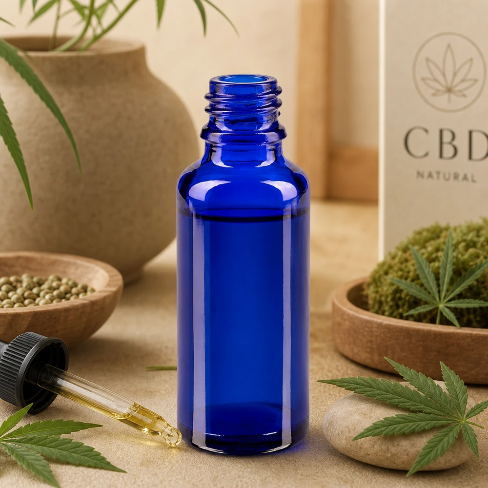 ApoGlas 30ml Kobaltblaue Tropfflasche für CBD Naturöle mit Pipette und Hanfsamen