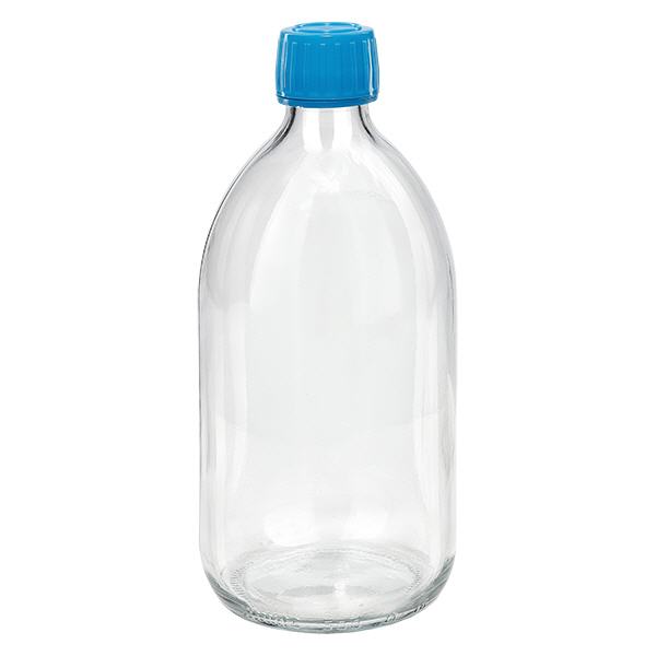 500ml Medizinflasche klar, Verschluss blau mit Originalitätsring ApoGlas 500ml Medizinflasche klar, Verschluss blau mit Originalitätsring ApoGlas