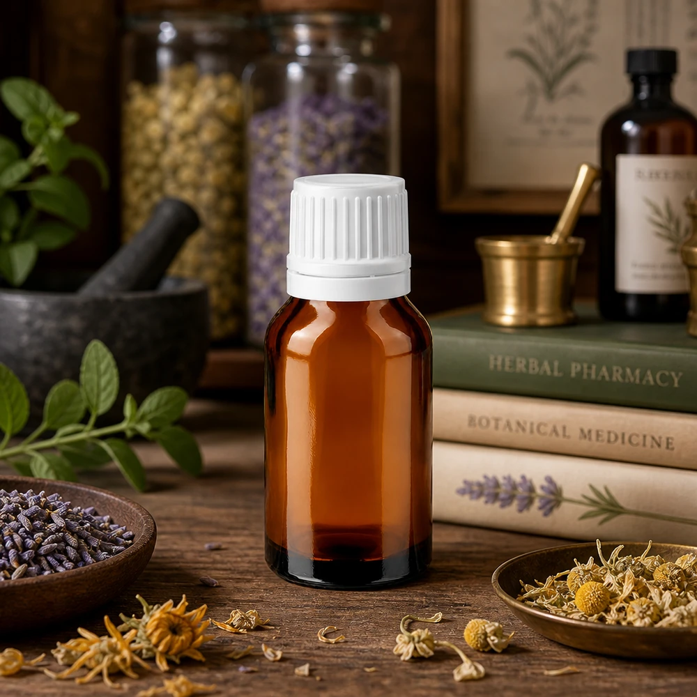 Apothekenflasche braun 30ml Schraubverschluss weiß Originalitätsverschluss Kleine Braunglasflasche 30ml mit OV-Verschluss in natürlicher Kräuterapotheken-Umgebung