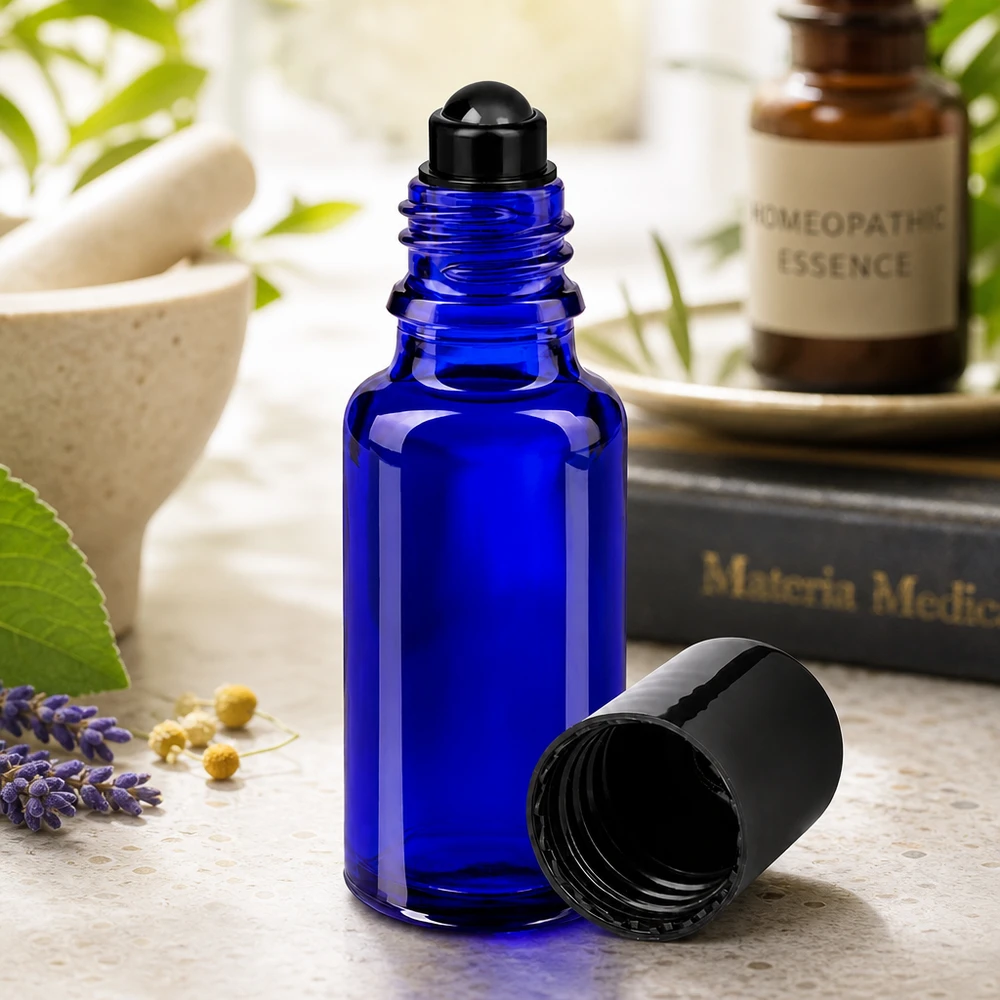 Apothekenflasche blau 20ml Roll-On Verschluss schwarz 20ml Roll-On Flasche Apothekerglas Blau neben Mörser und Homöopathie-Zubehör
