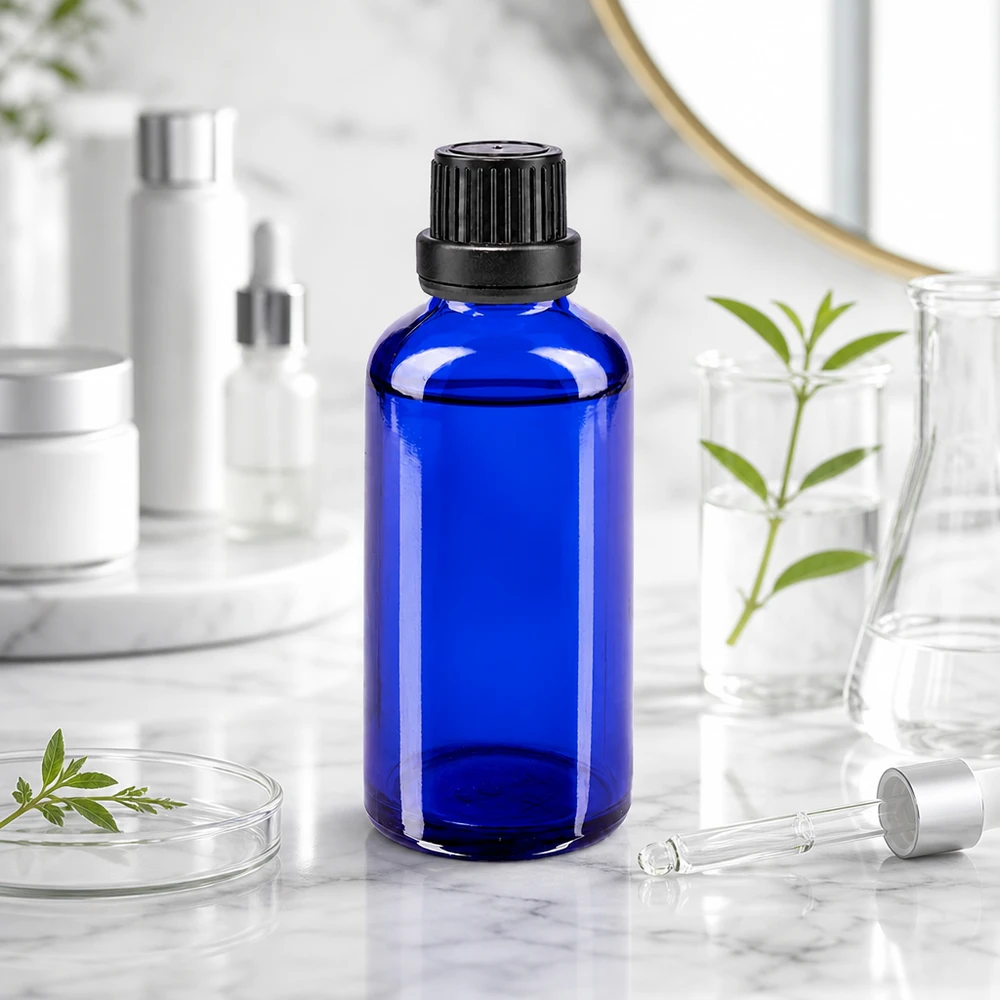 Apothekenflasche blau 50ml Schraubverschluss schwarz Dichteinlage Originalitätsverschluss Kobaltblaue Apothekerflasche 50ml in modernem Badezimmer-Setting mit Kosmetikprodukten