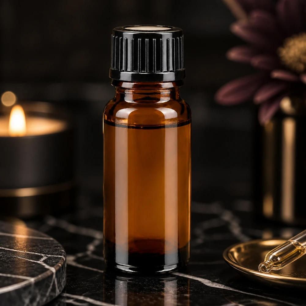 Lichtschutz Tropfflasche 10ml ApoGlas braun mit STD Verschluss neben Kerze und Blüte