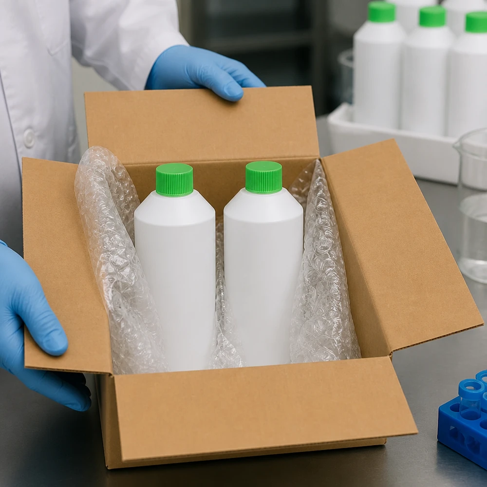 Weiße zylindrische HDPE Flasche 250ml mit grünem Sicherheitsverschluss für chemische Produkte