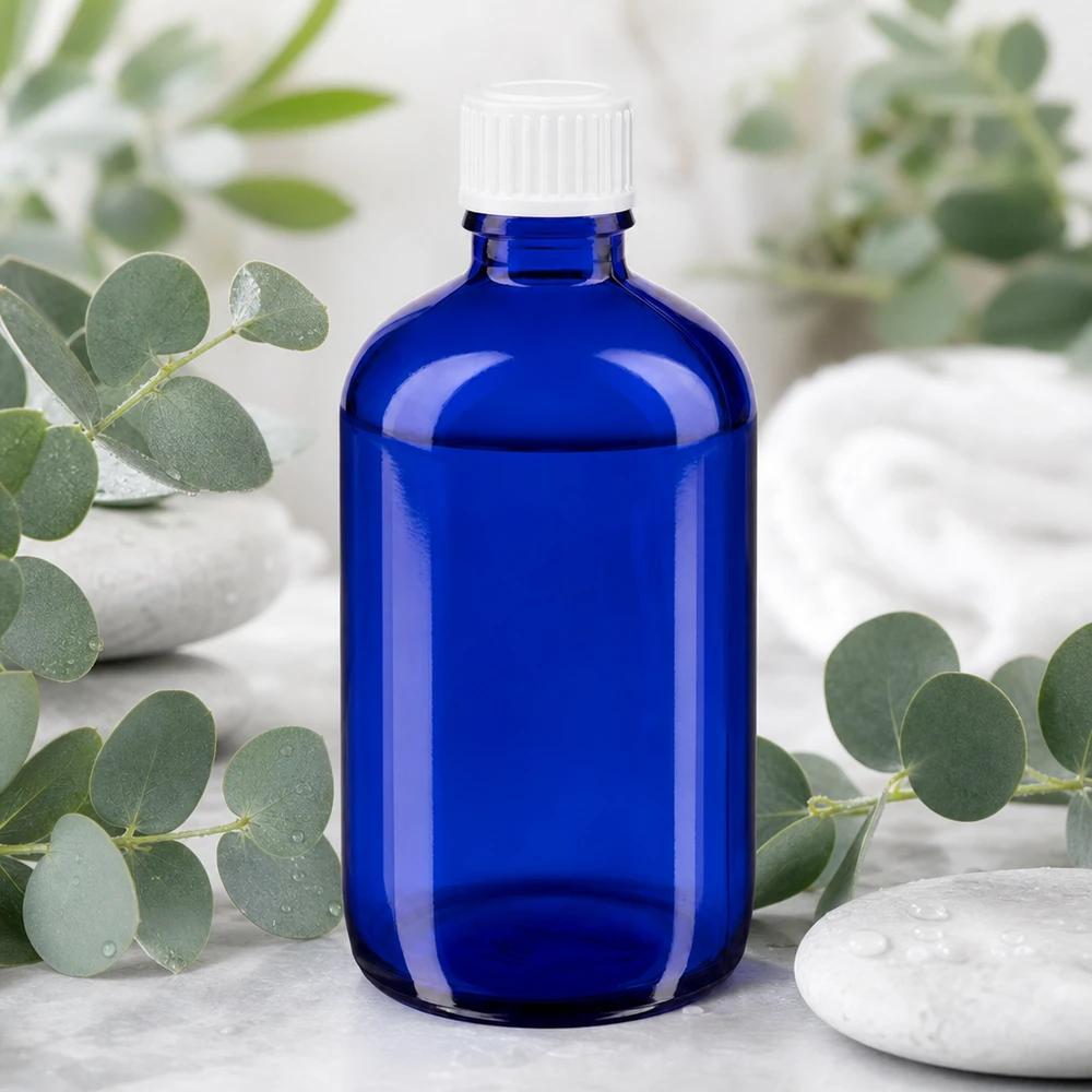 Apothekenflasche blau 100ml Schraubverschluss weiß Standard Blaue Glasflasche 100ml UV-Schutz Apotheker Design mit Sicherheitsverschluss weiß