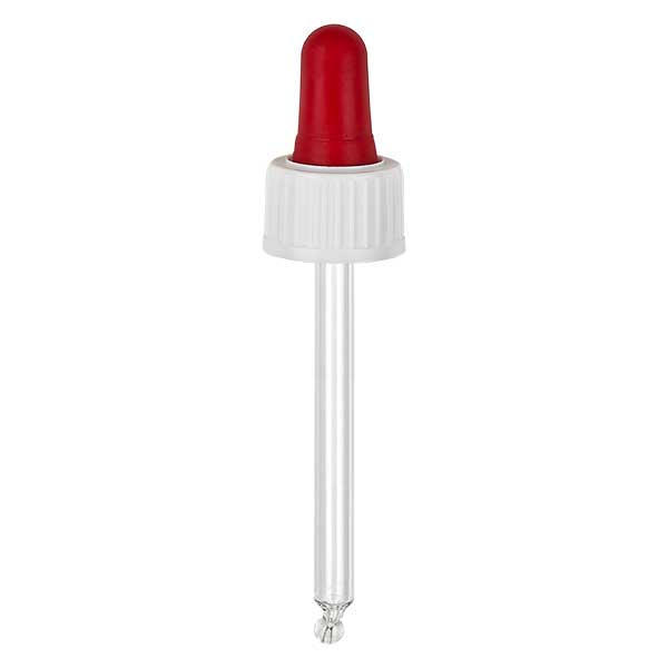 Glas-Tropfpipette weiß/rot 18mm PL66 Standard Glas-Tropfpipette weiß/rot 18mm PL66 Standard