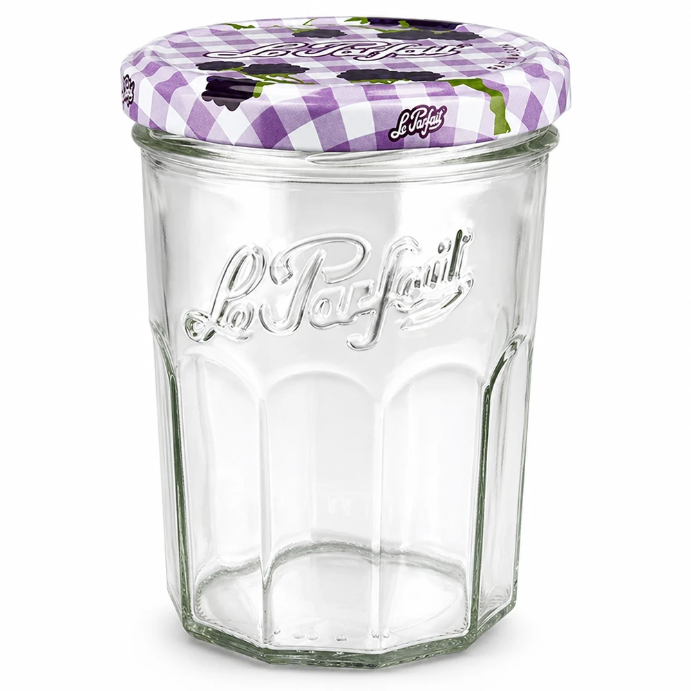 Le Parfait Sturzglas 385ml mit lila kariertem Schraubdeckel für Marmelade und Einmachen aus klarem Glas