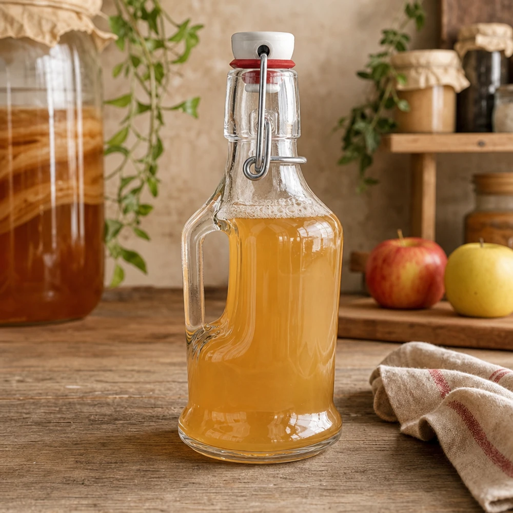 UNiTW Glasflasche Bertha 200ml mit Apfelsaft gefüllt in rustikaler Küche neben Äpfeln Bügelverschluss Detail