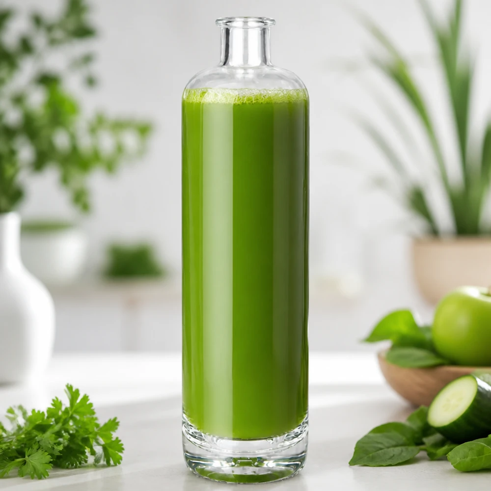 700ml Glasflasche "Eleganz" ohne Verschluss UNiTWIST® 700ml Glasflasche Ella mit grünem Smoothie befüllt in Küche mit frischen Kräutern und Gemüse dekoriert