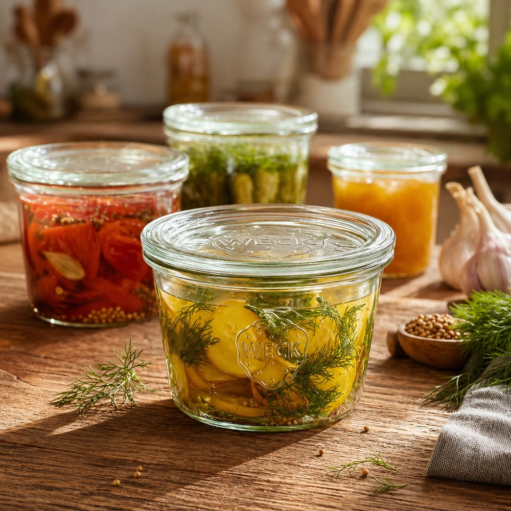 370ml Sturzglas mit Glasdeckel WECK RR100 WECK Sturzglas 370ml RR100 gefüllt mit eingelegten Gurken und Dill neben weiteren Einmachgläsern auf Holztisch